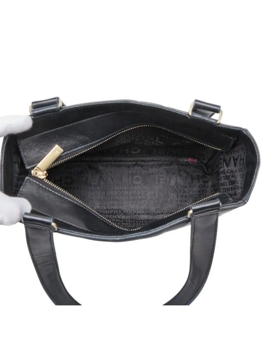 Chanel CC Logo Choco Bar Tote Shoulder Bag Black Lambskin